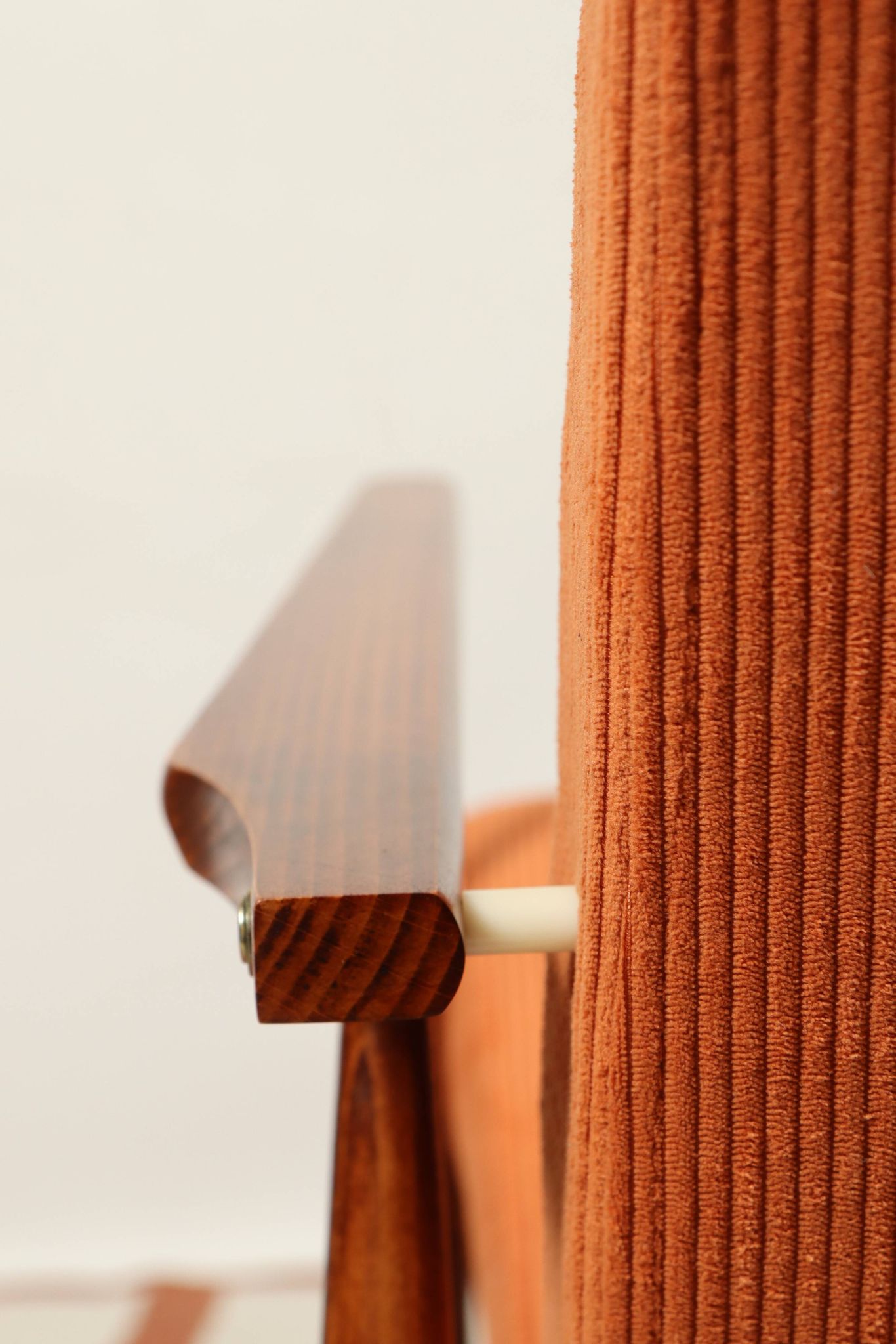 Vintage armchair orange burt corduroy upholstery , Henryk Lis, 1960, Poland