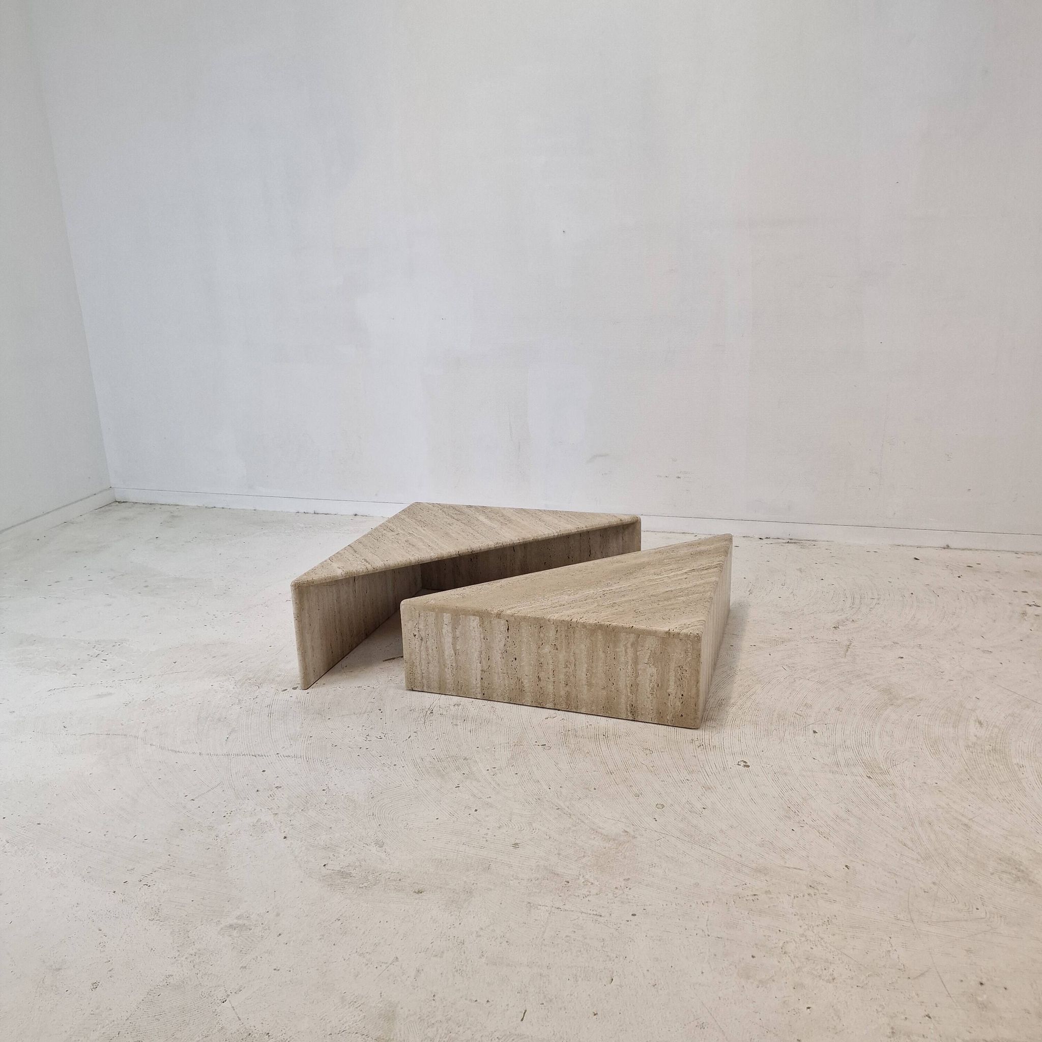 Set of Two Triangle Coffee Tables In Travertine By Up & Up, Italy 1980's
