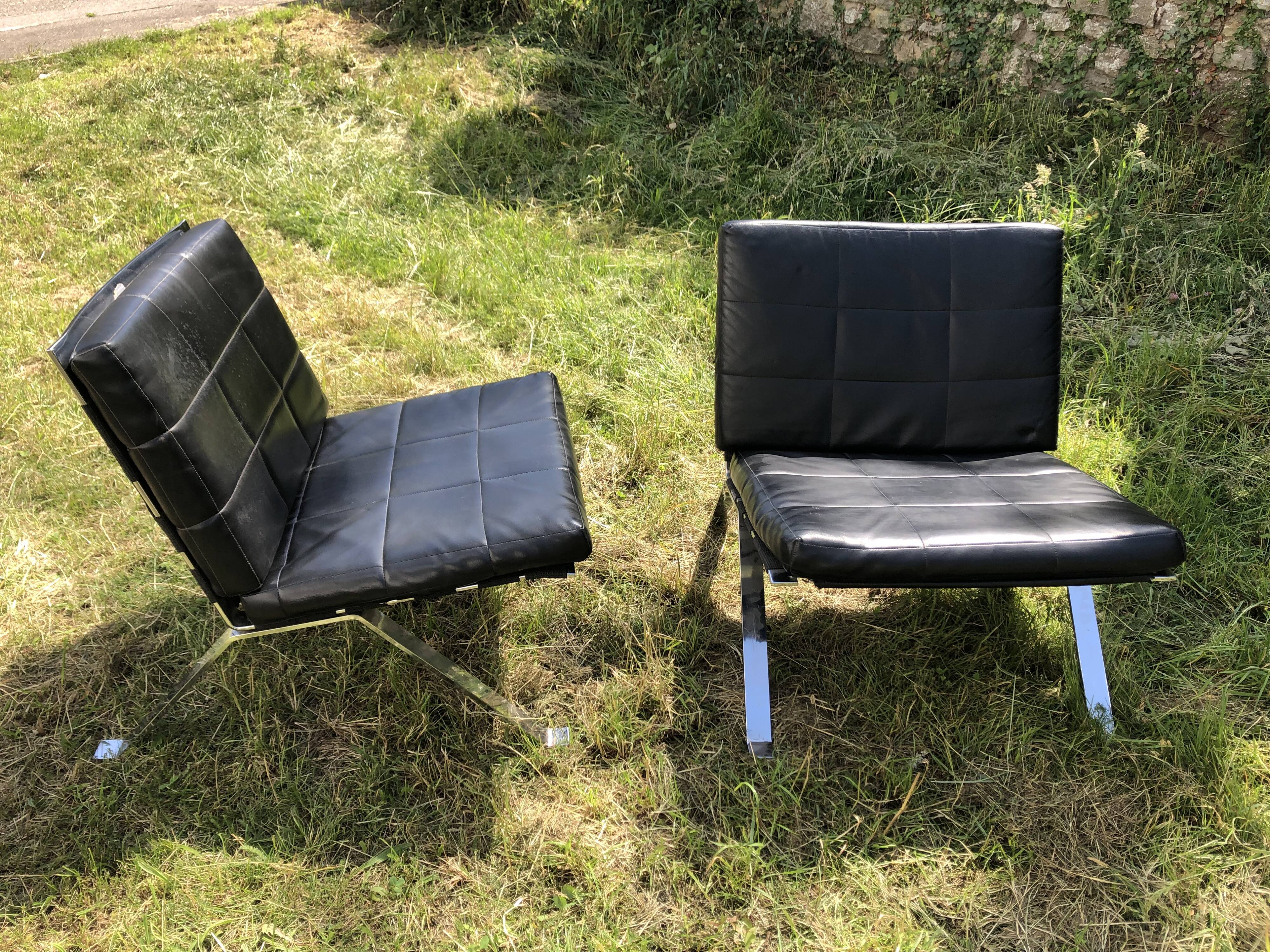 2 Lounge armchairs, Girsberger leather and chrome, 1968