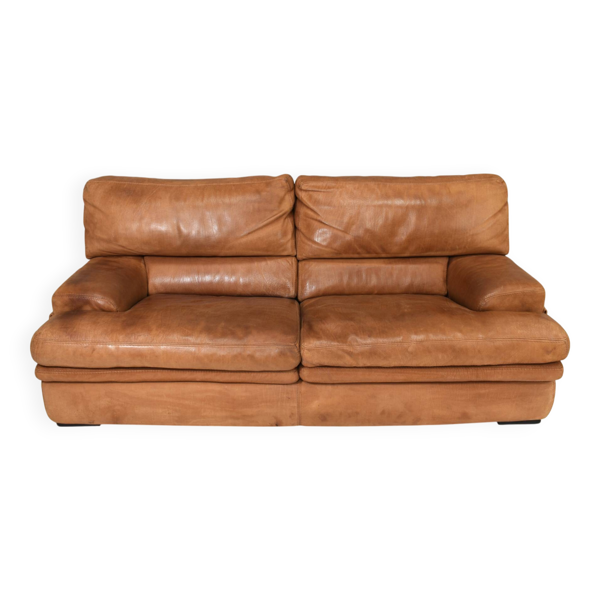 Roche Bobois sofa in tan/cognac patinated leather - France, circa 1970/80