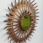 Vintage sun mirror in patinated gold metal – Spain 1950s / 60s