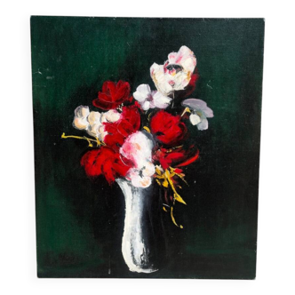 Grande huile sur toile – Nature morte aux fleurs rouges – esprit Vlaminck –