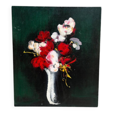 Grande huile sur toile – Nature morte aux fleurs rouges – esprit Vlaminck –