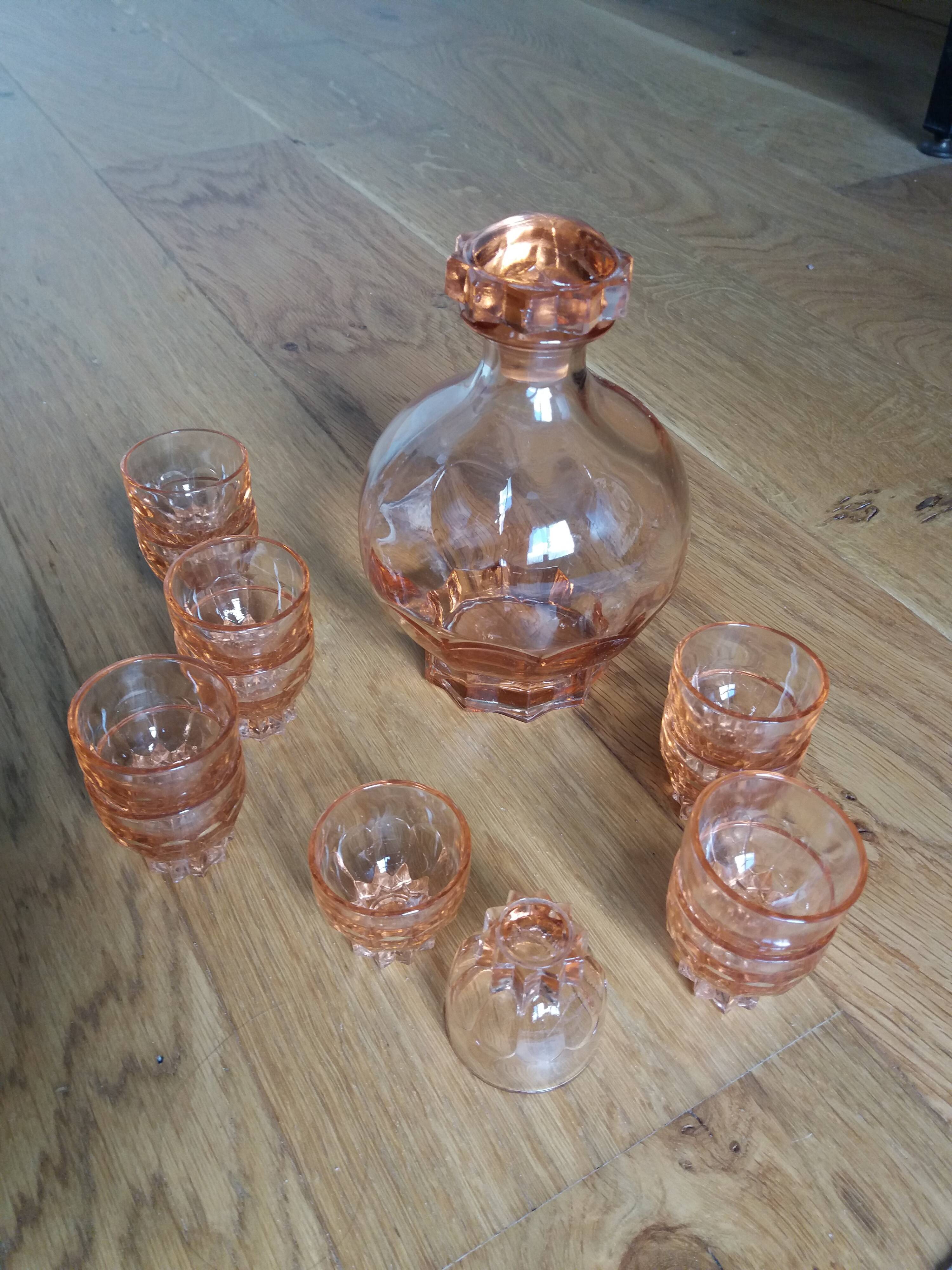 Rosaline carafe liqueur service and 12 glasses salmon pink