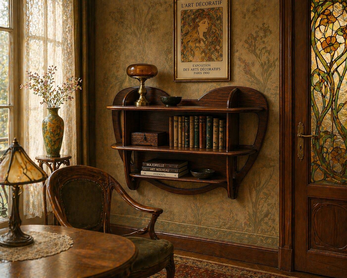 Large shelf 1900 Art Nouveau in solid oak