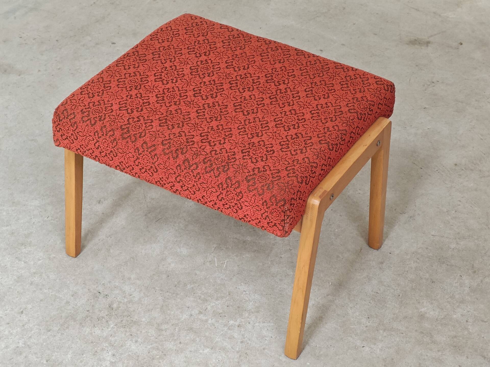 Ton bystrice stool (thonet) wood and orange patterned fabric 1960
