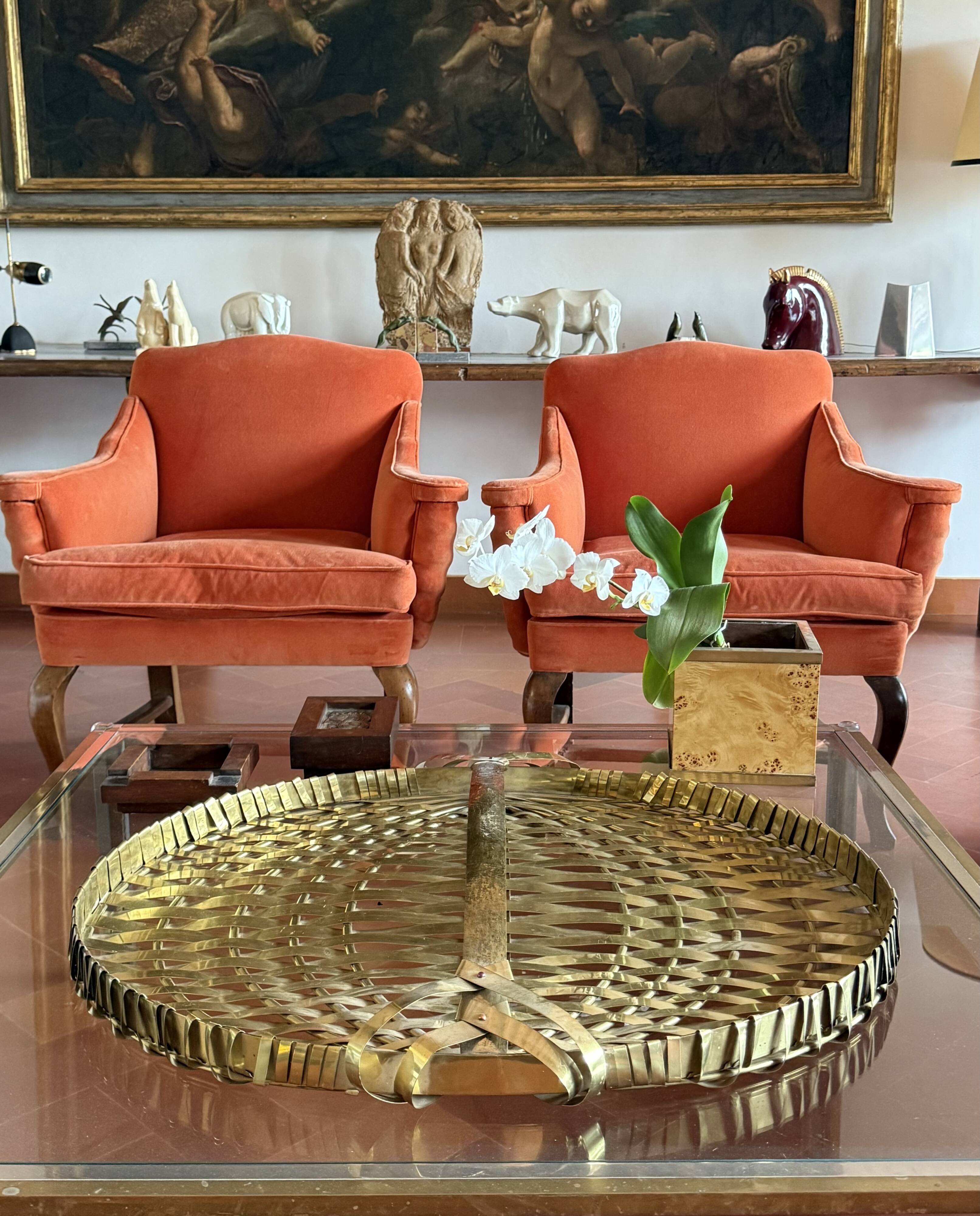 Hollywood regency monumental braided brass tray / centerpiece, Italy  1970