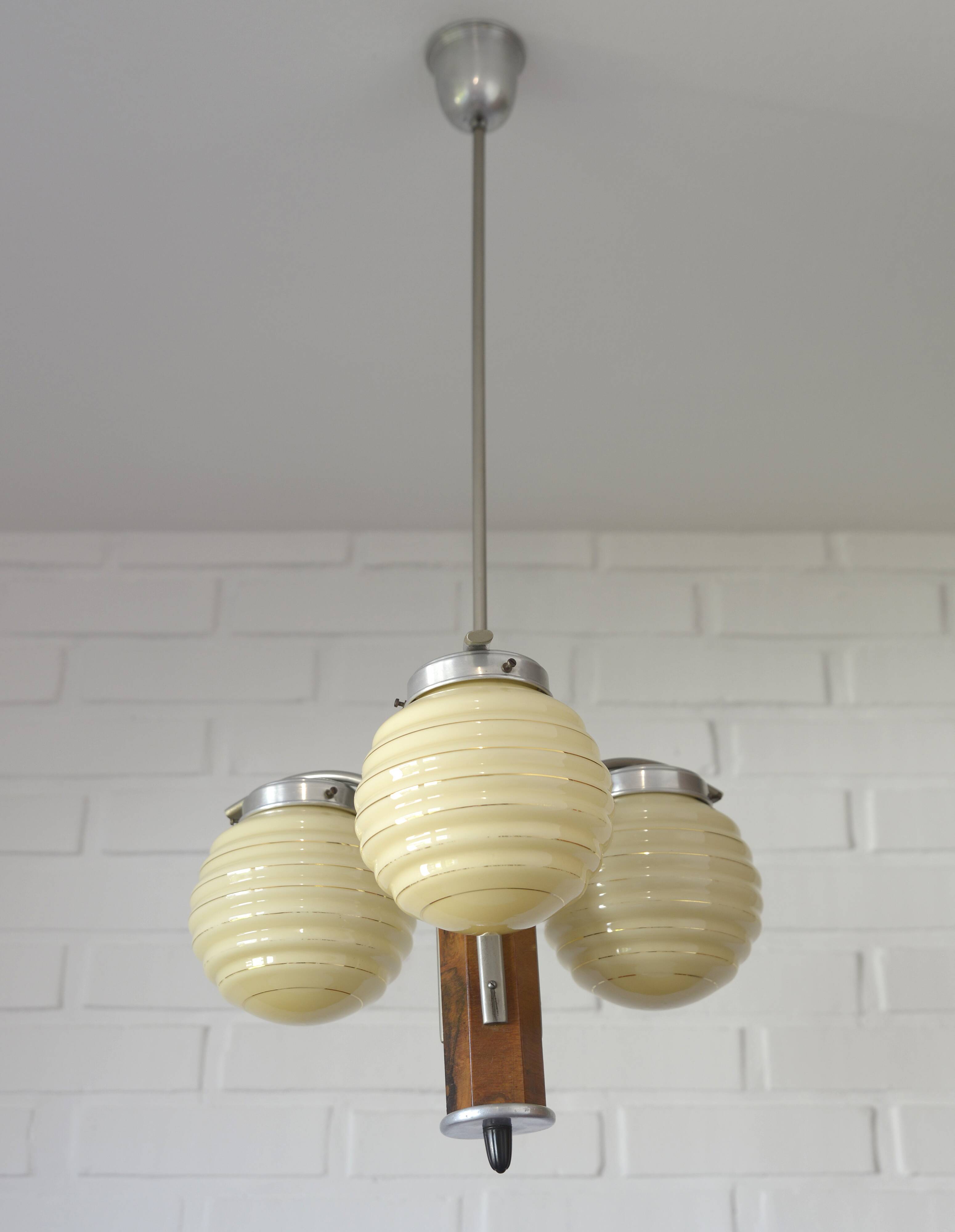 Original Art Deco Chandelier Antique Hand Blown Glass Pendant Light 1940's