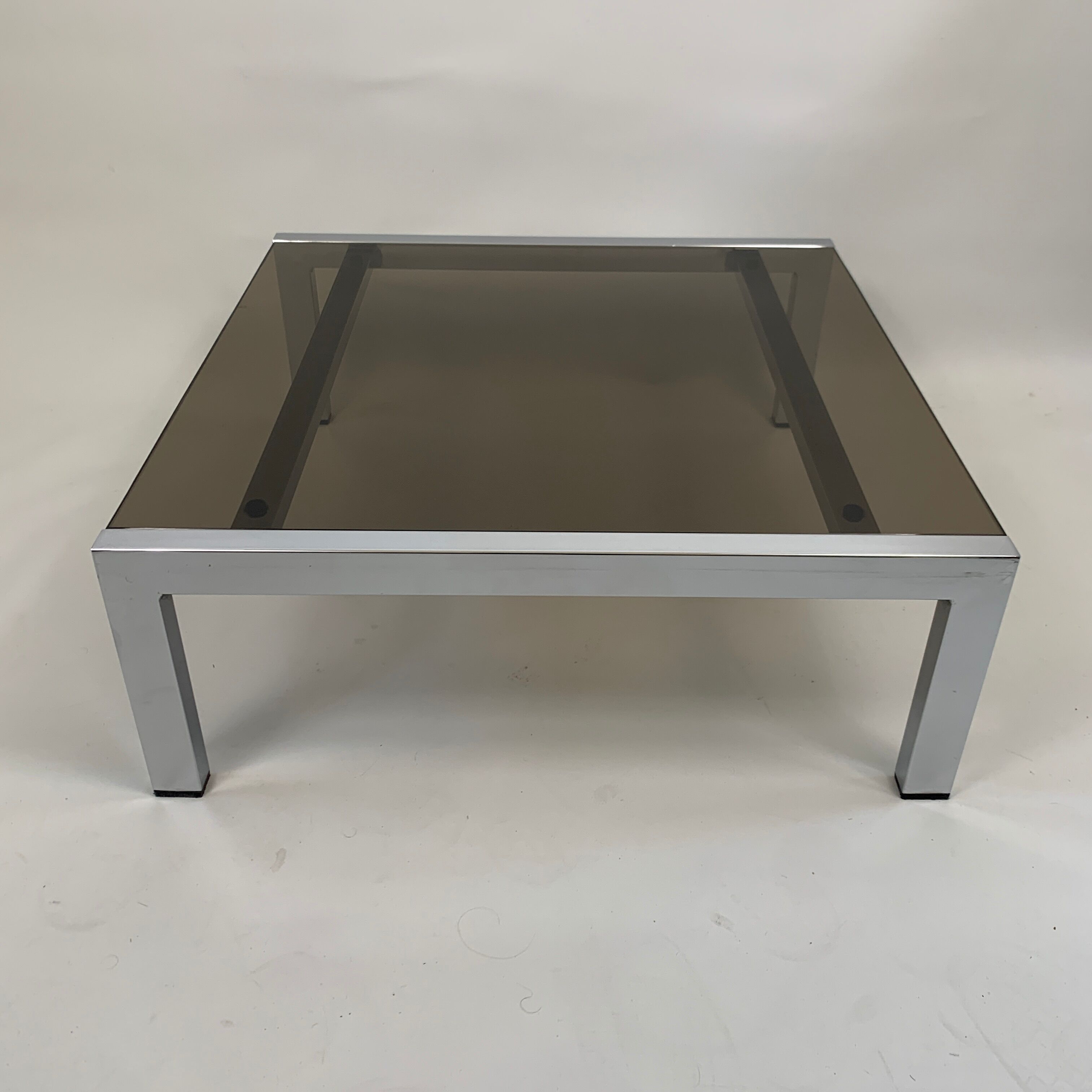 Vintage square coffee table chrome structure and smoked glass top