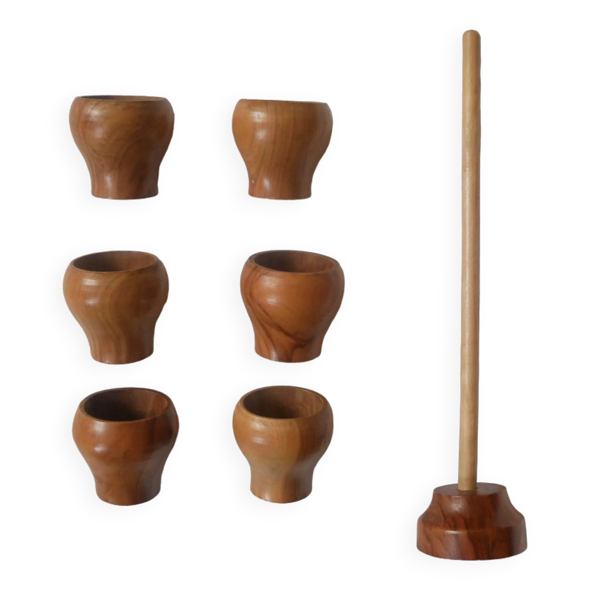 Set of six handmade olive wood egg cups