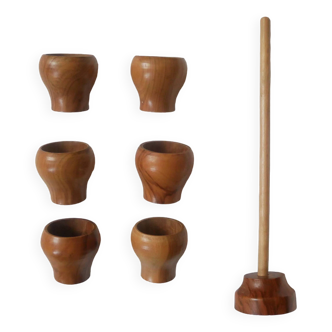 Set of six handmade olive wood egg cups