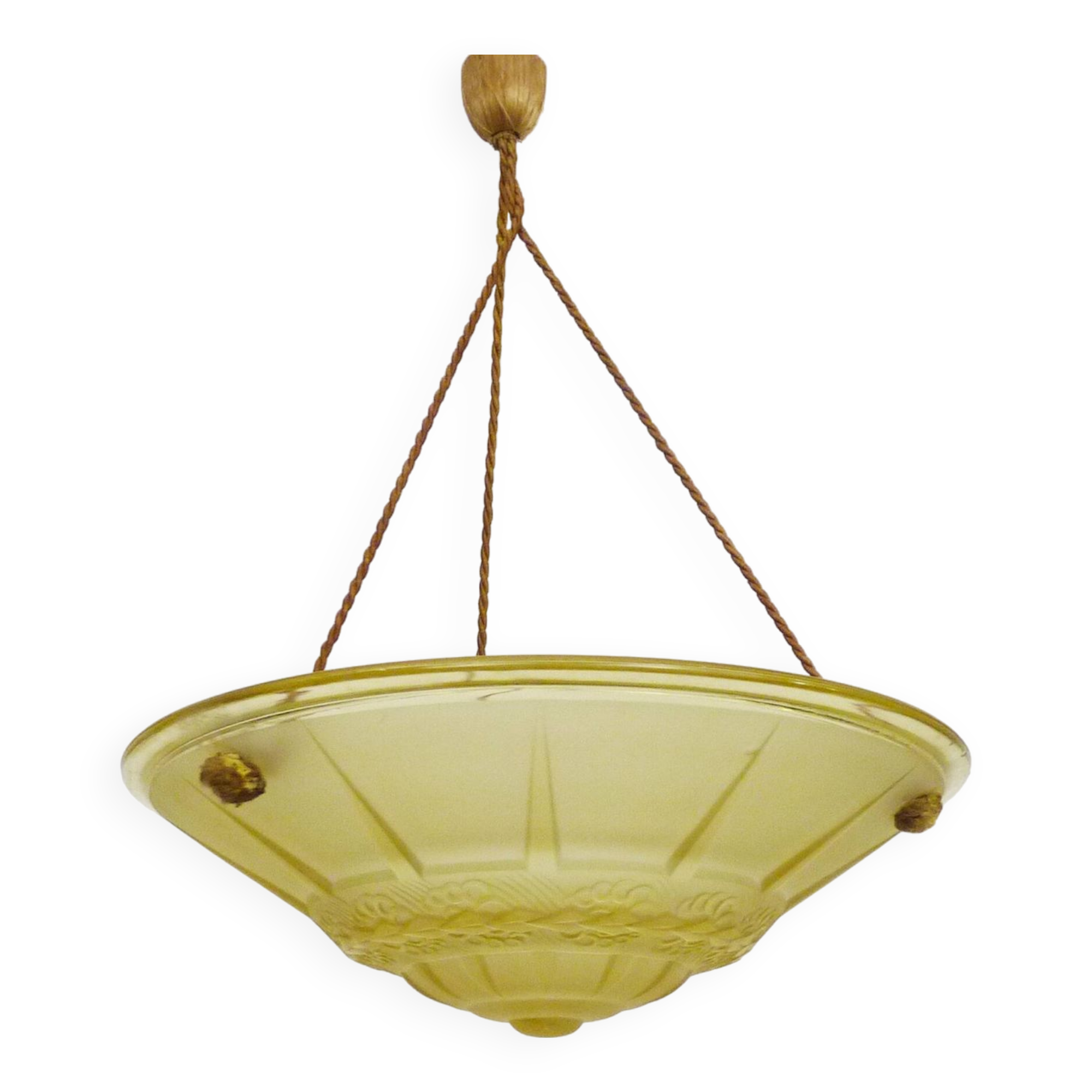 Old chandelier, Art Deco 1 light basin pendant light, in yellow glass paste. 1930s