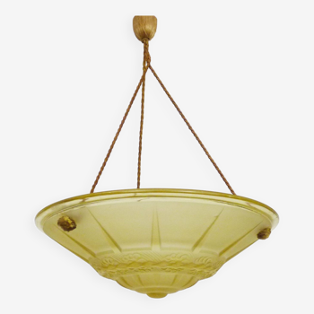 Old chandelier, Art Deco 1 light basin pendant light, in yellow glass paste. 1930s