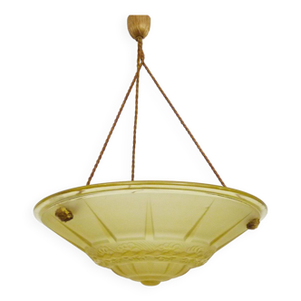 Ancien lustre, suspension vasque Art Déco 1 Feu, en pâte de verre jaune. Années 30