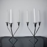 Pair of art deco stainless steel 3-flame candlesticks, Spain, 1970