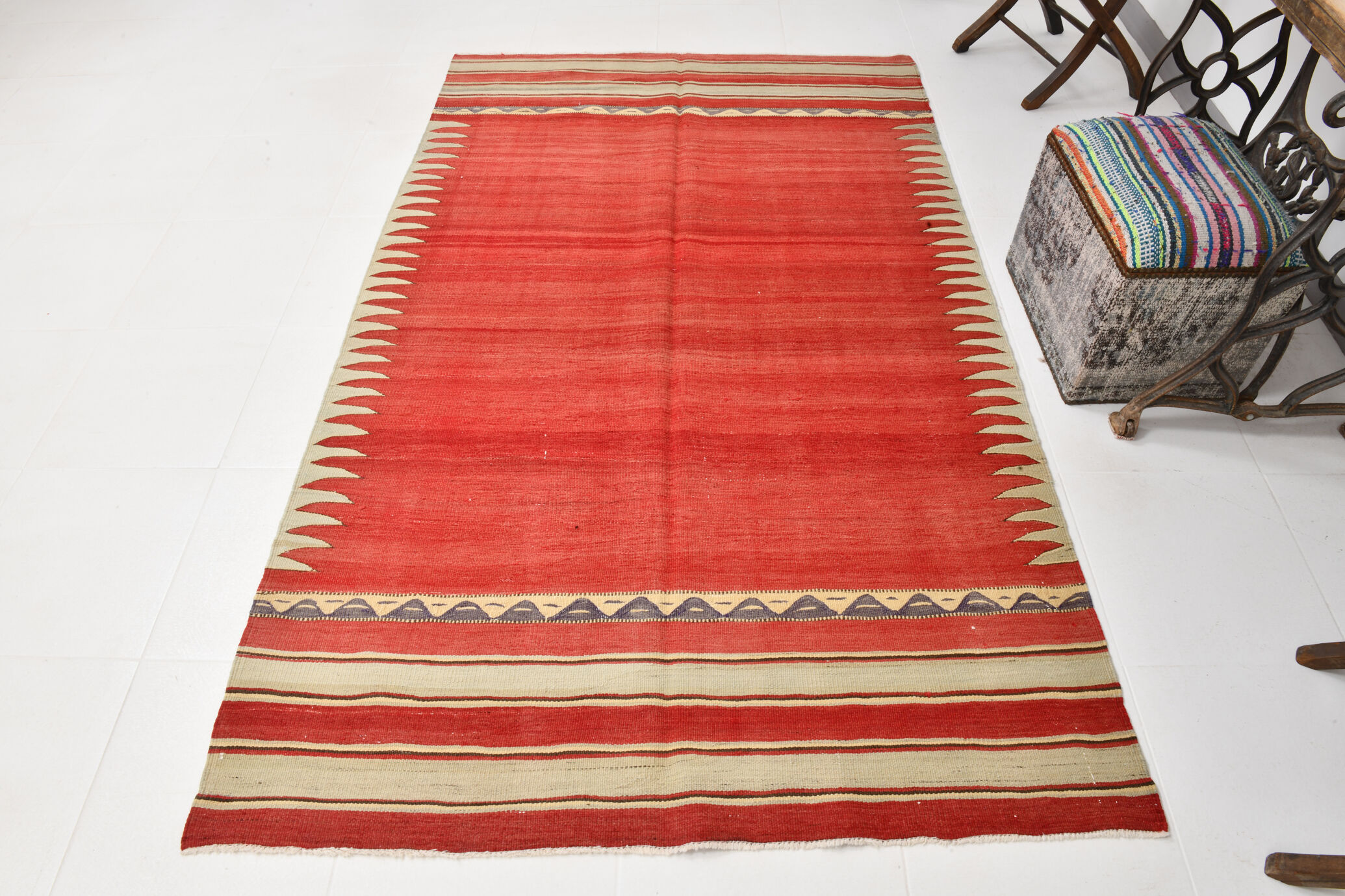 Red & beige wool kilim rug 237x142cm
