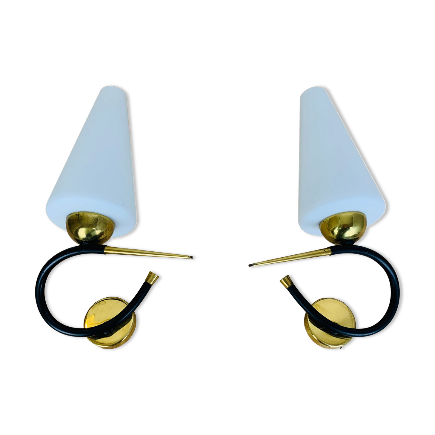 Pair of Arlus 50s opaline black and golden brass wall lamps