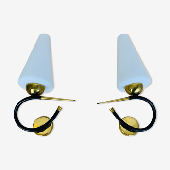 Pair of Arlus 50s opaline black and golden brass wall lamps