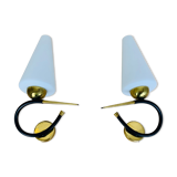 Pair of Arlus 50s opaline black and golden brass wall lamps
