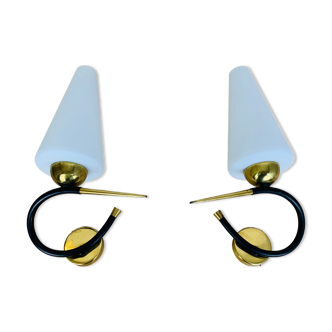 Pair of Arlus 50s opaline black and golden brass wall lamps