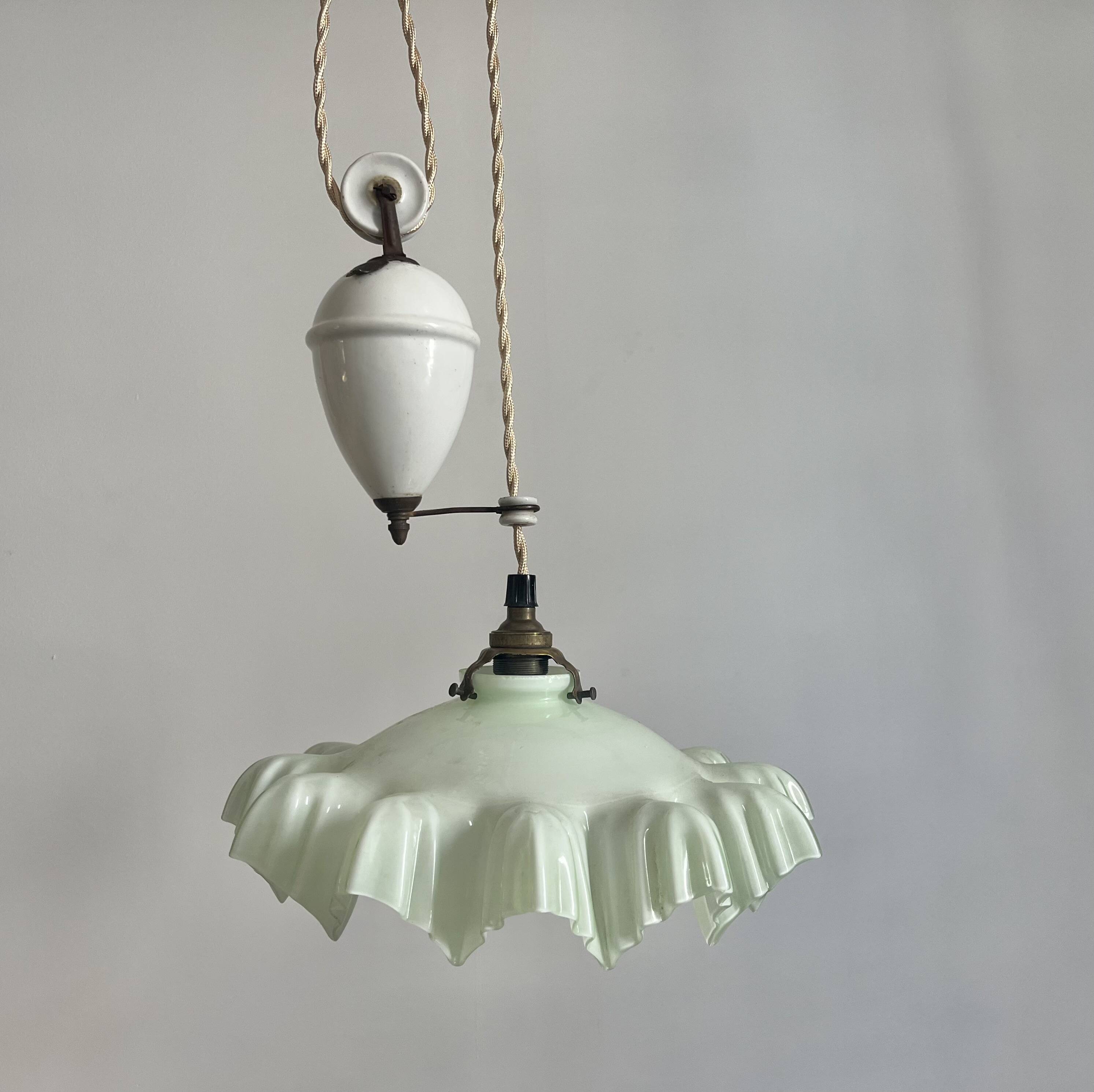Art Deco Opaline Glass Pendant Light Mint Green Up and Down
