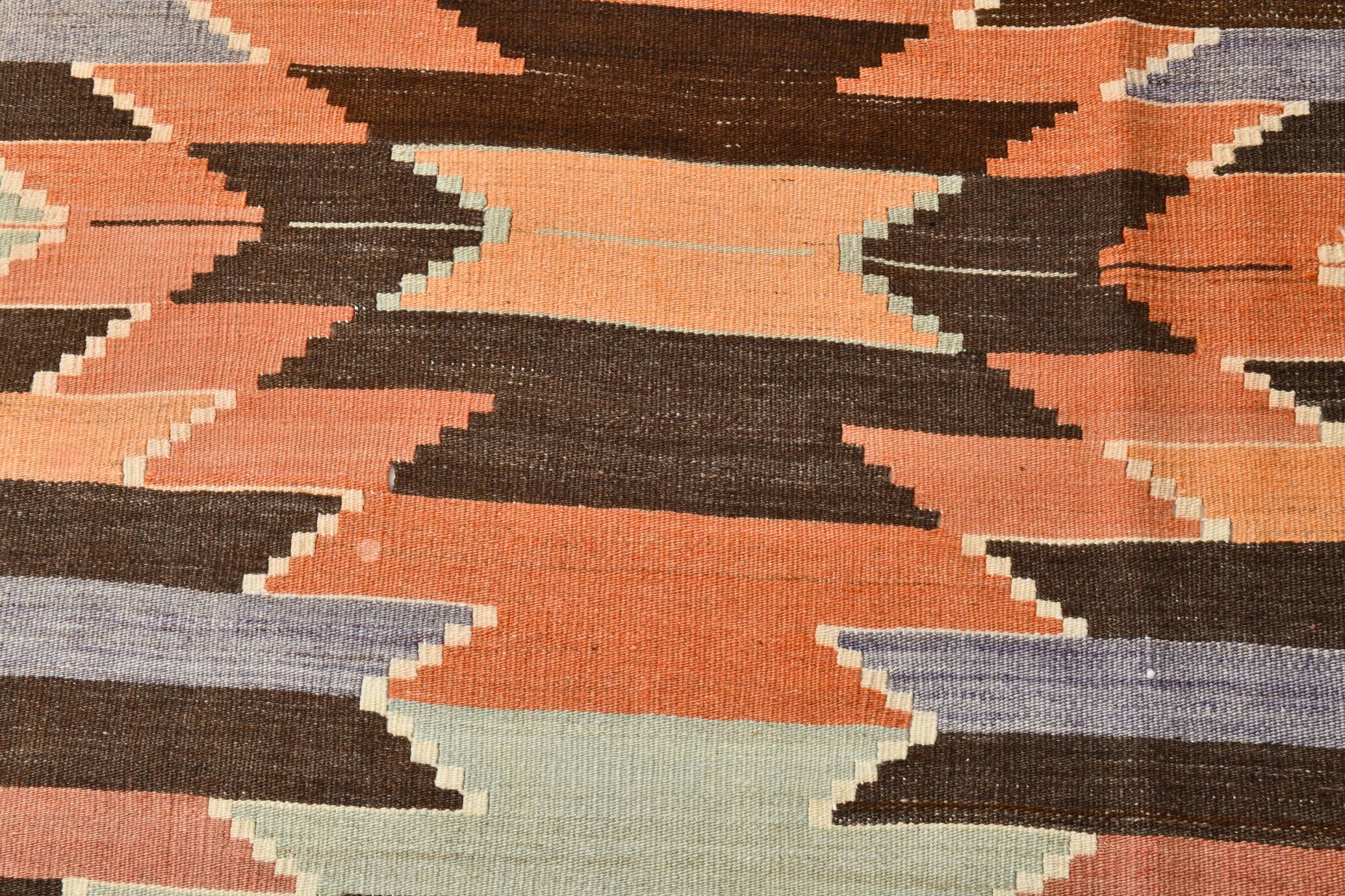 3x10 Orange  Brown Geometric Kilim Runner Rug, Handmade Wool Rug, 108x297Cm