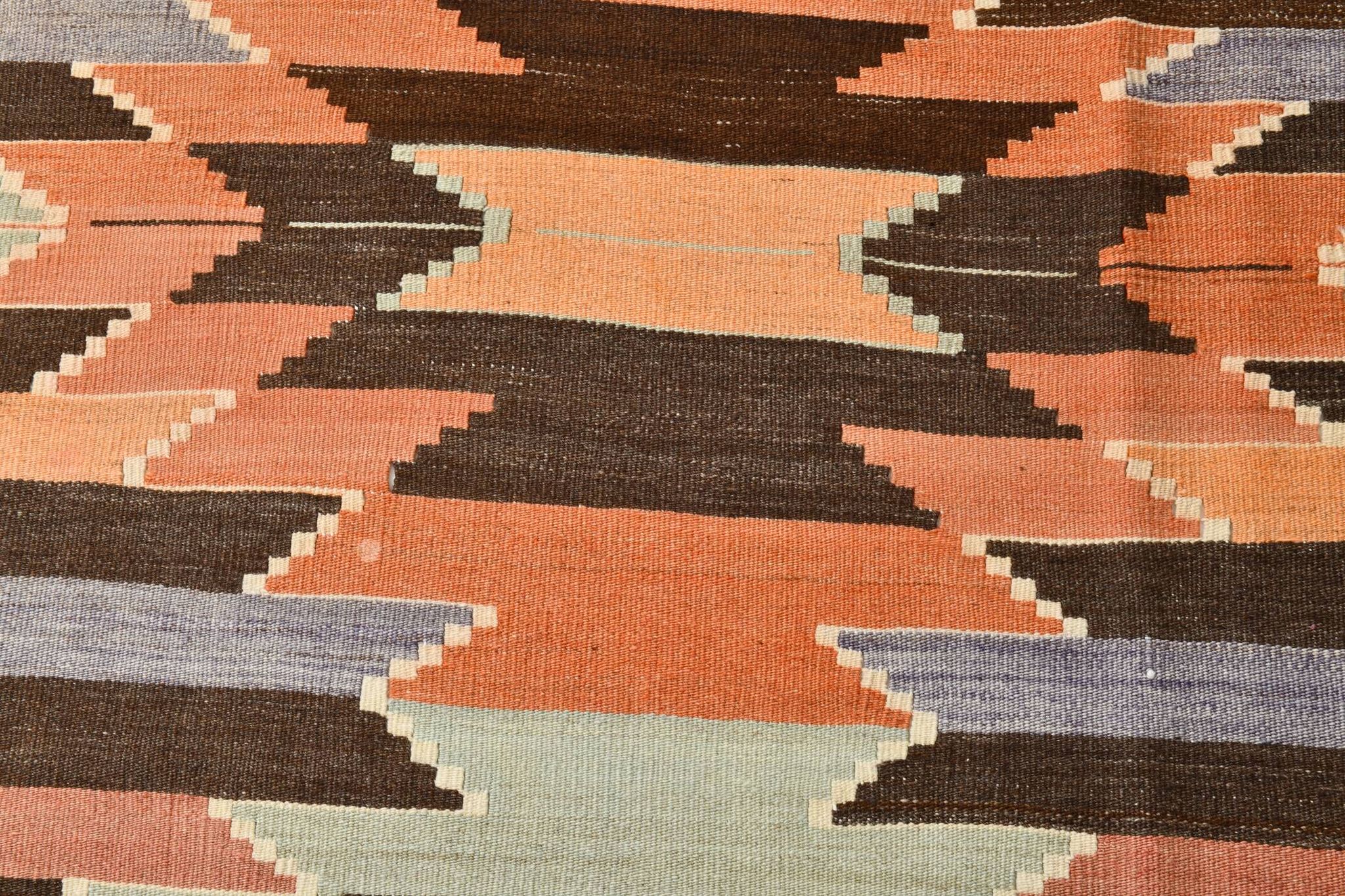 3x10 Orange  Brown Geometric Kilim Runner Rug, Handmade Wool Rug, 108x297Cm