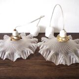 Pair of frosted glass flower pendant lamps