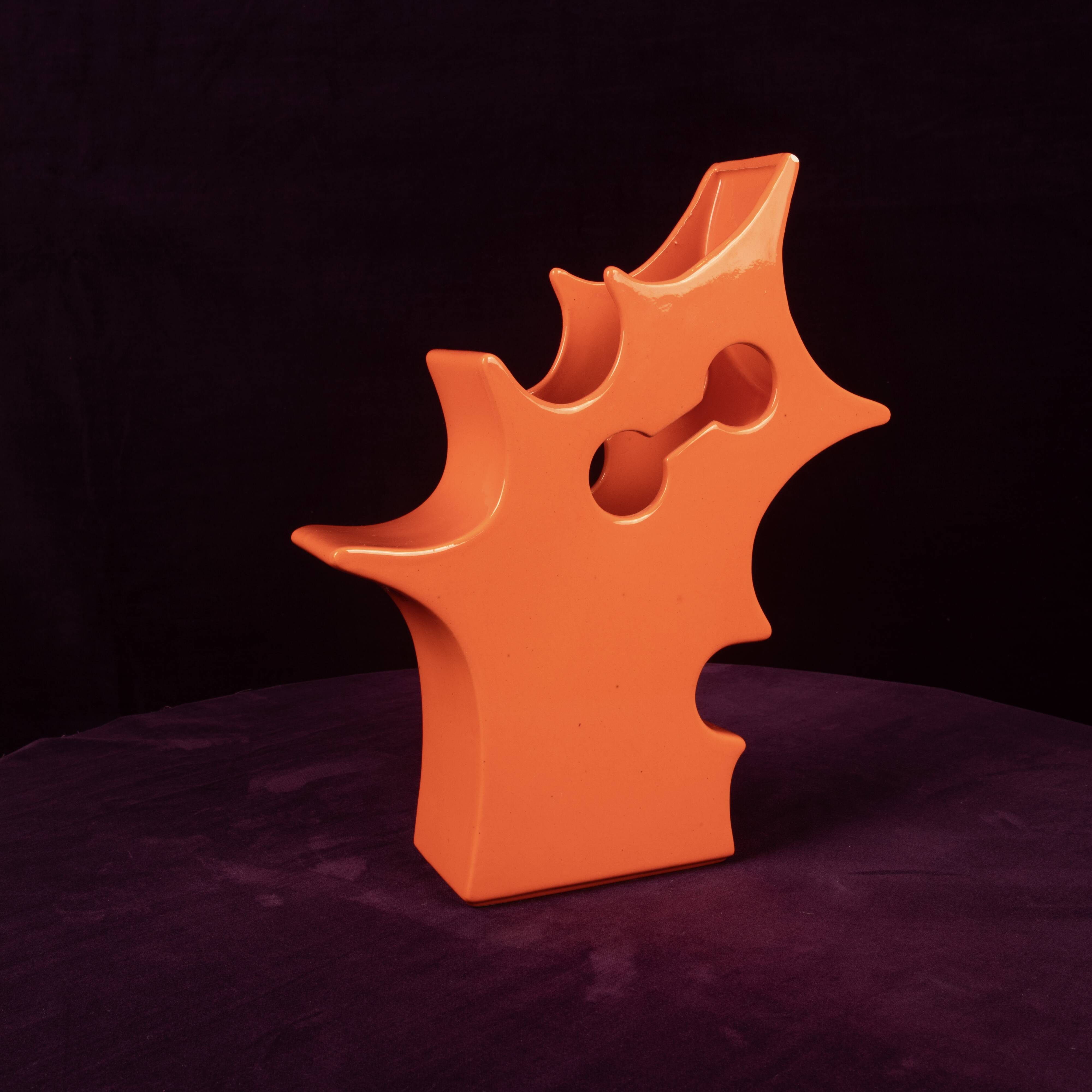 Abstract Orange Ceramic Sculptural Vase, Postmodern / Space Age, Italy, 1980