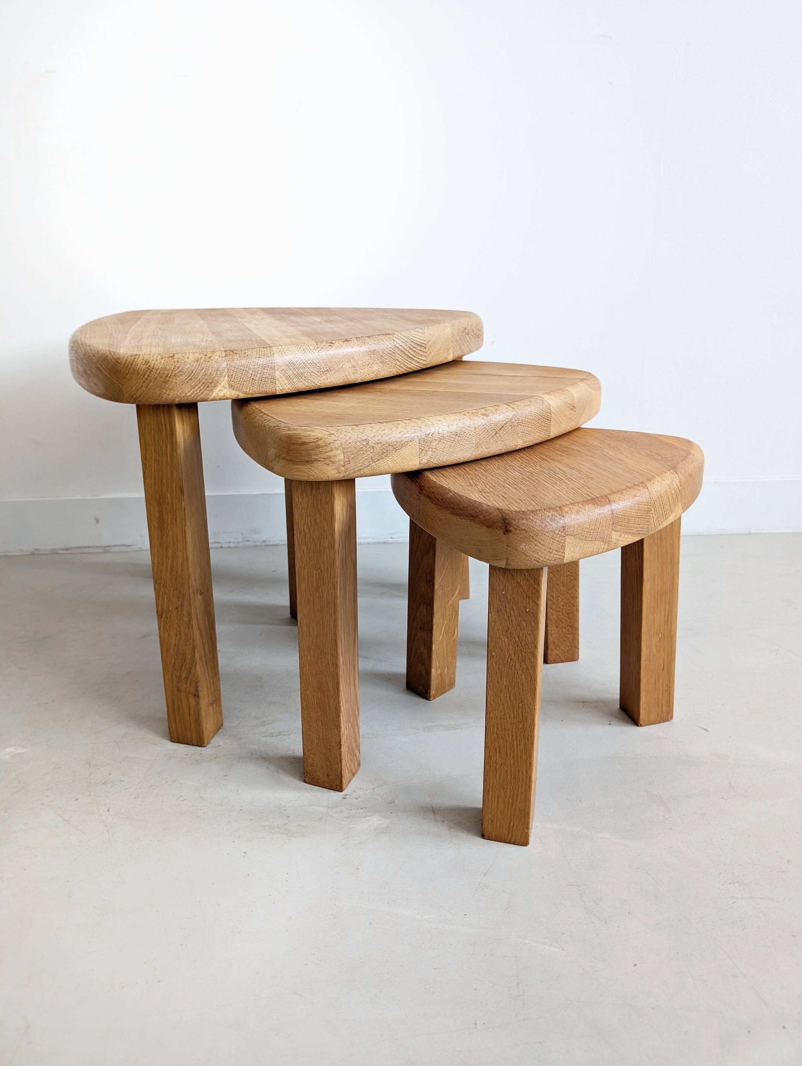 Set of 3 Oak Wood Nesting tables 1970s