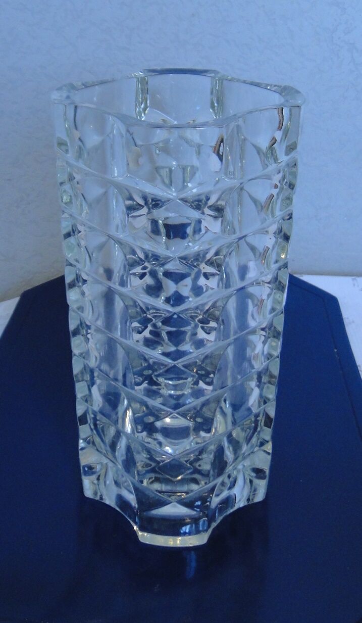 Vase ancien verre transparent 4 faces annees 60