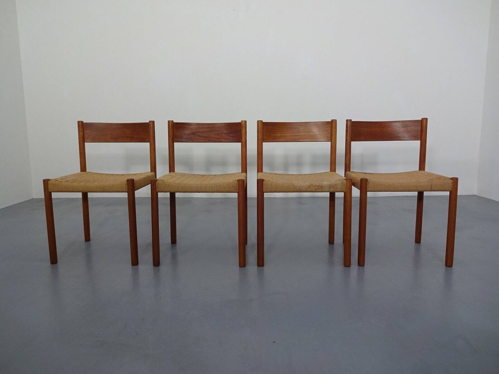 Teak & Papercord Dining Chairs by Poul M. Volther for Frem Røjle, Denmark, 1960s, Set of 4