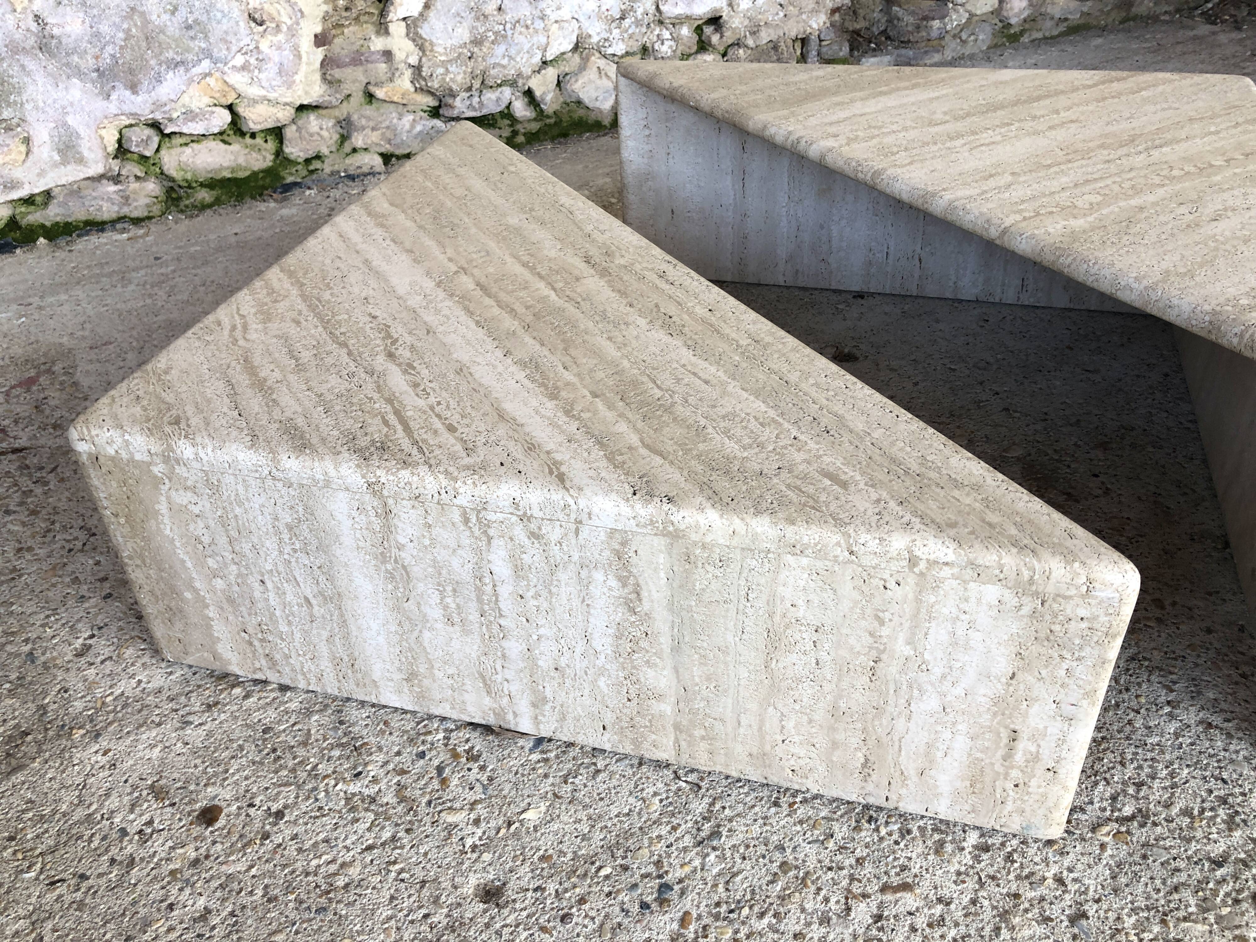 Pair of triangular coffee tables in travertine, Italy circa 70 / 80