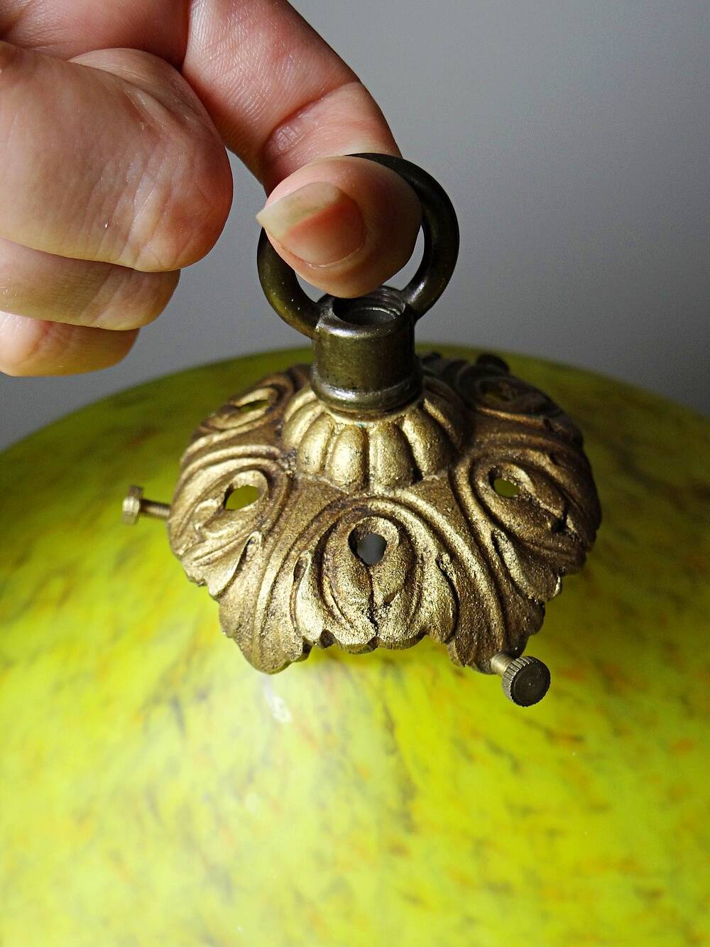 Antique Art Deco lampshade in yellow marbled glass with bead fringes.