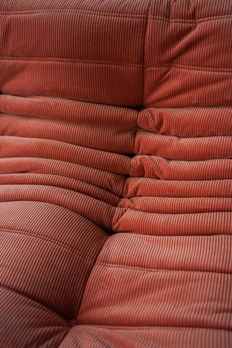Coral corduroy Togo three-seat sofa by Michel Ducaroy for Ligne Roset