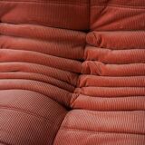 Coral corduroy Togo three-seat sofa by Michel Ducaroy for Ligne Roset