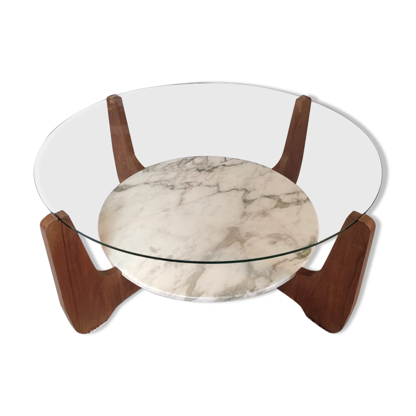 Table basse bois marbre et verre par Hugues Poignant