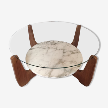 Table basse bois marbre et verre par Hugues Poignant