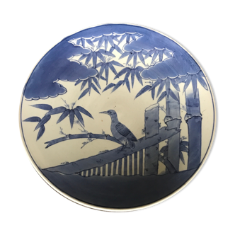 Cut center of table in ceramic decoration landscape nature and bird shade of blue