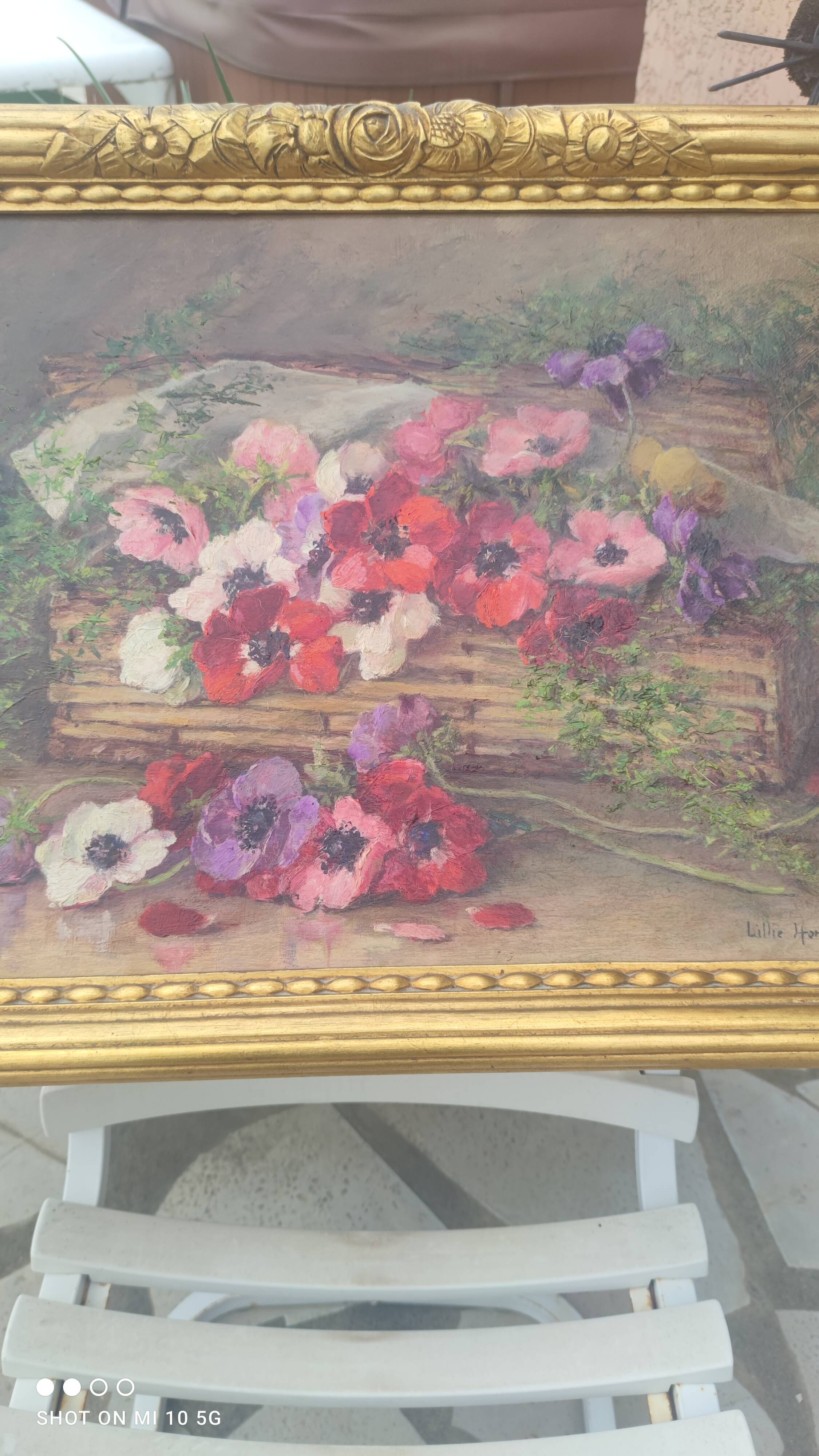 Still life painting, bouquet of flowers, oil on wood by Lillie Honnorat