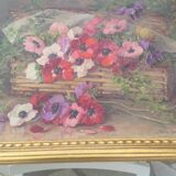 Still life painting, bouquet of flowers, oil on wood by Lillie Honnorat