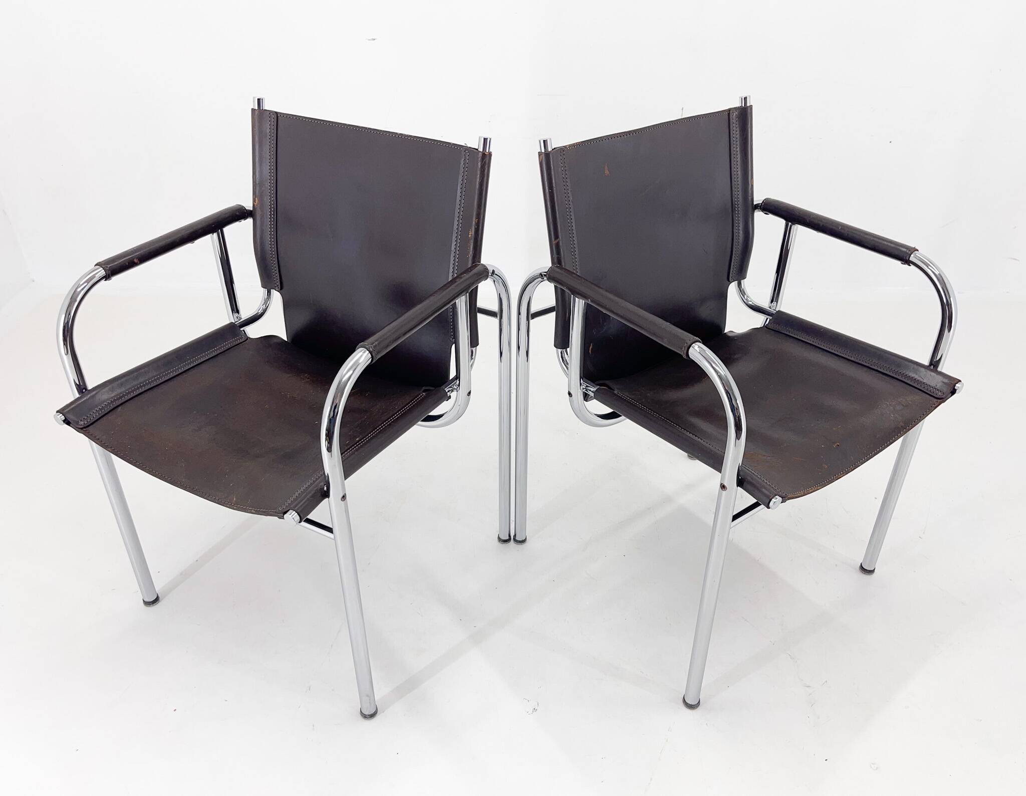 Pair of 1970s Vintage Hans Eichenberger Leather & Chrome Lounge Chairs, Labeled