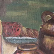 Peinture à l'huile de pot en cuivre de cuisine rustique - 1962