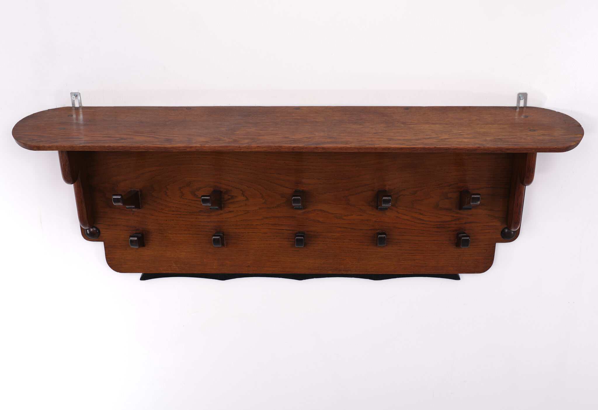 Art deco solid oak wall coatrack, Dutch, 1925