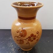 Vase céramique beige décor fleurs marron vintage