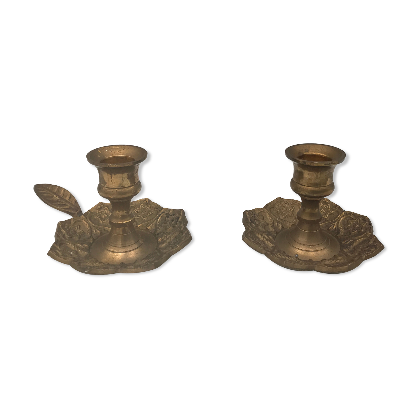 PAIR of BRASS table CANDLE HOLDERS with Flower Patterns