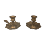 PAIR of BRASS table CANDLE HOLDERS with Flower Patterns