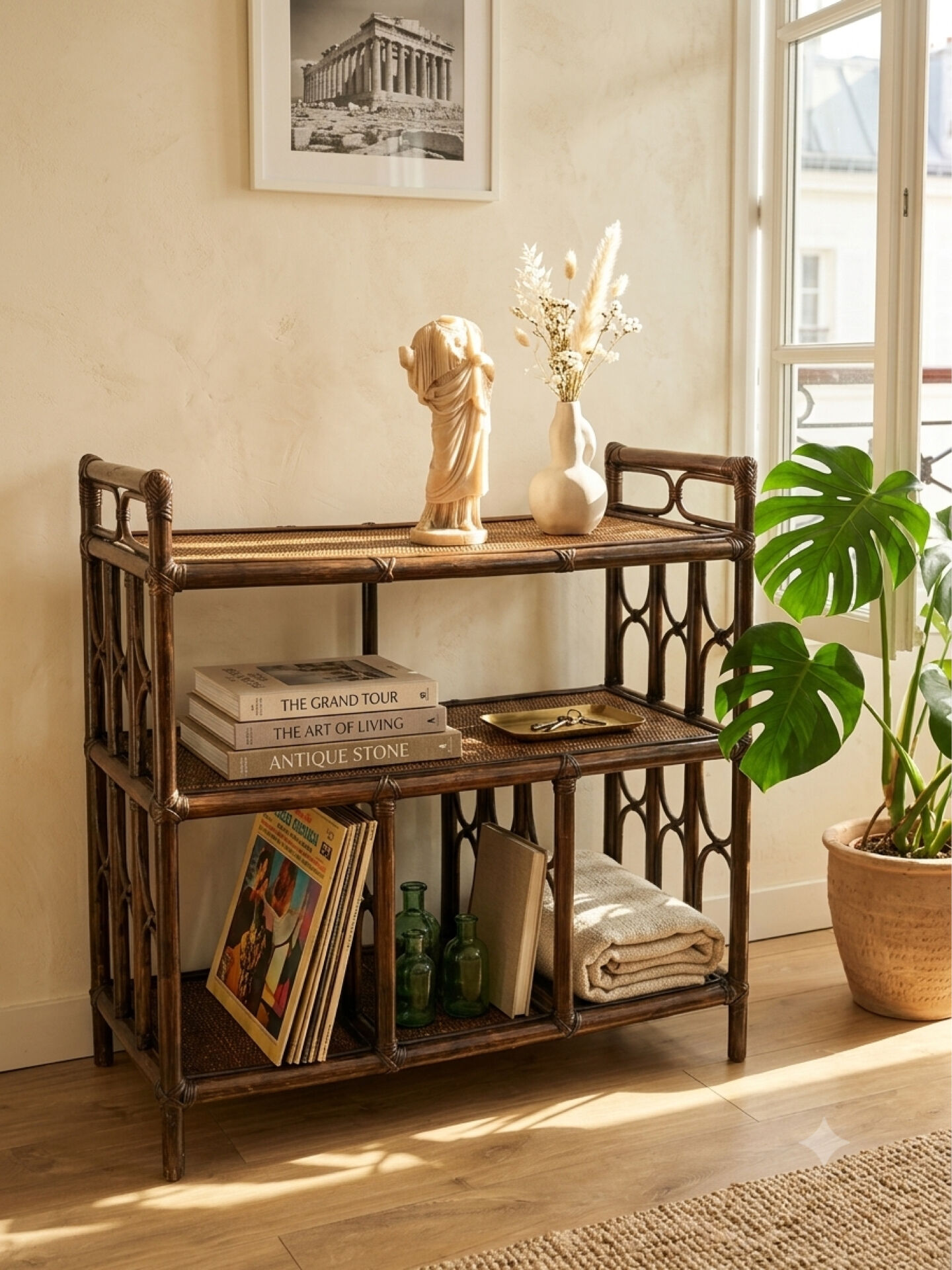 Étagère, console en rotin teinté