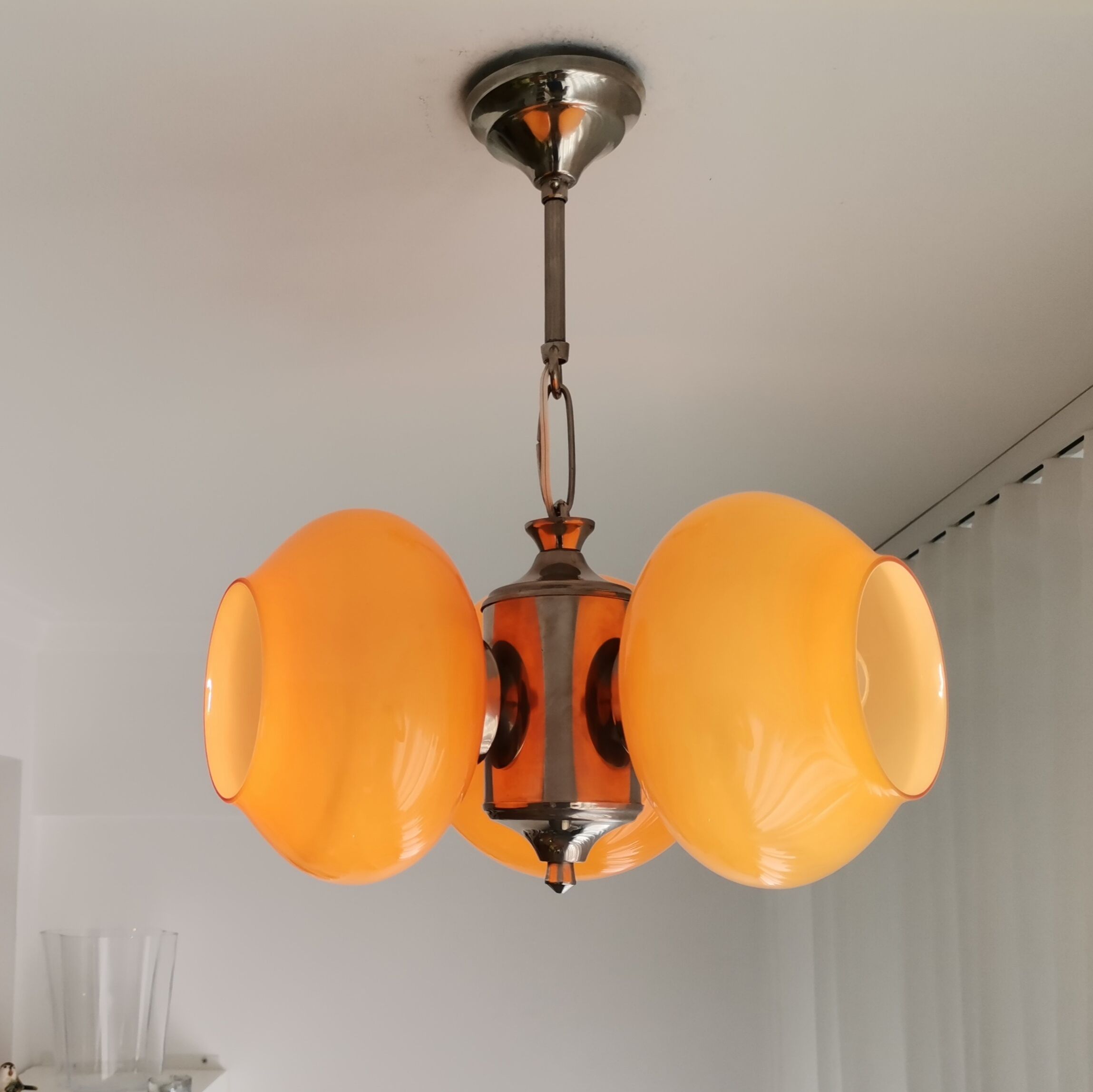 Vintage mid century modern 3-light orange glass chandelier