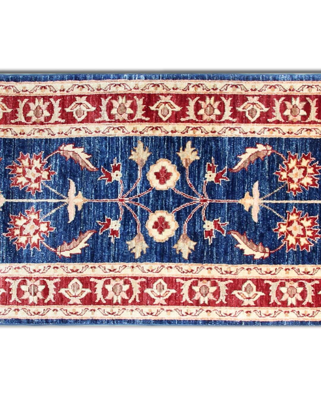 Blue Floral Hand-Knotted Runner, Traditional Wool Hallway Stair Rug 78x386